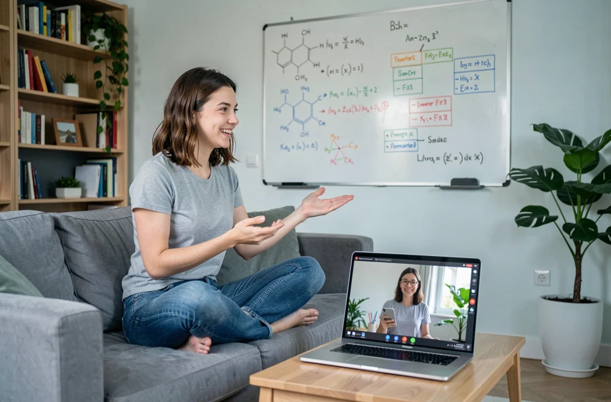 Professeure particulière Superprof Montpellier animant un cours de chimie en ligne depuis son appartement