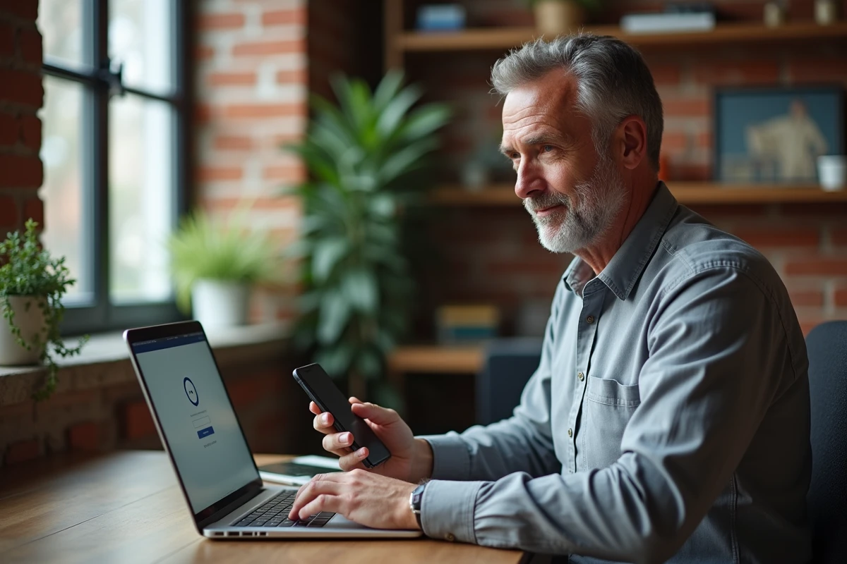 Homme en télétravail accédant à un webmail convergent depuis un ordinateur portable et un smartphone