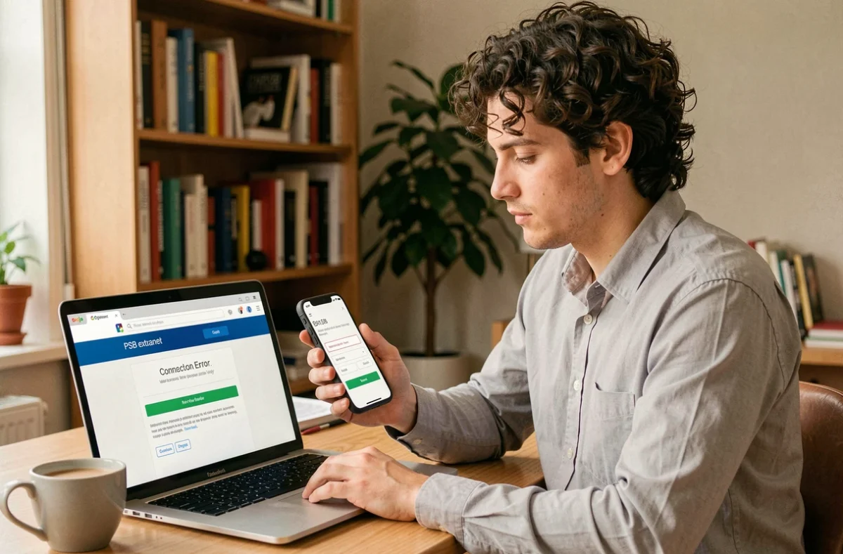 Jeune homme en télétravail tentant de résoudre un problème de connexion sur un extranet depuis son bureau à domicile