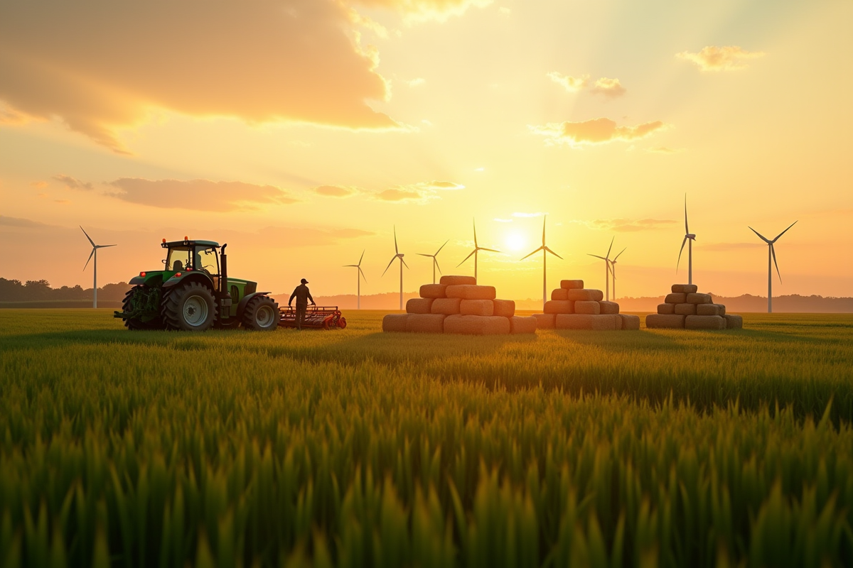 Tracteur dans un champ au lever du soleil avec un fermier