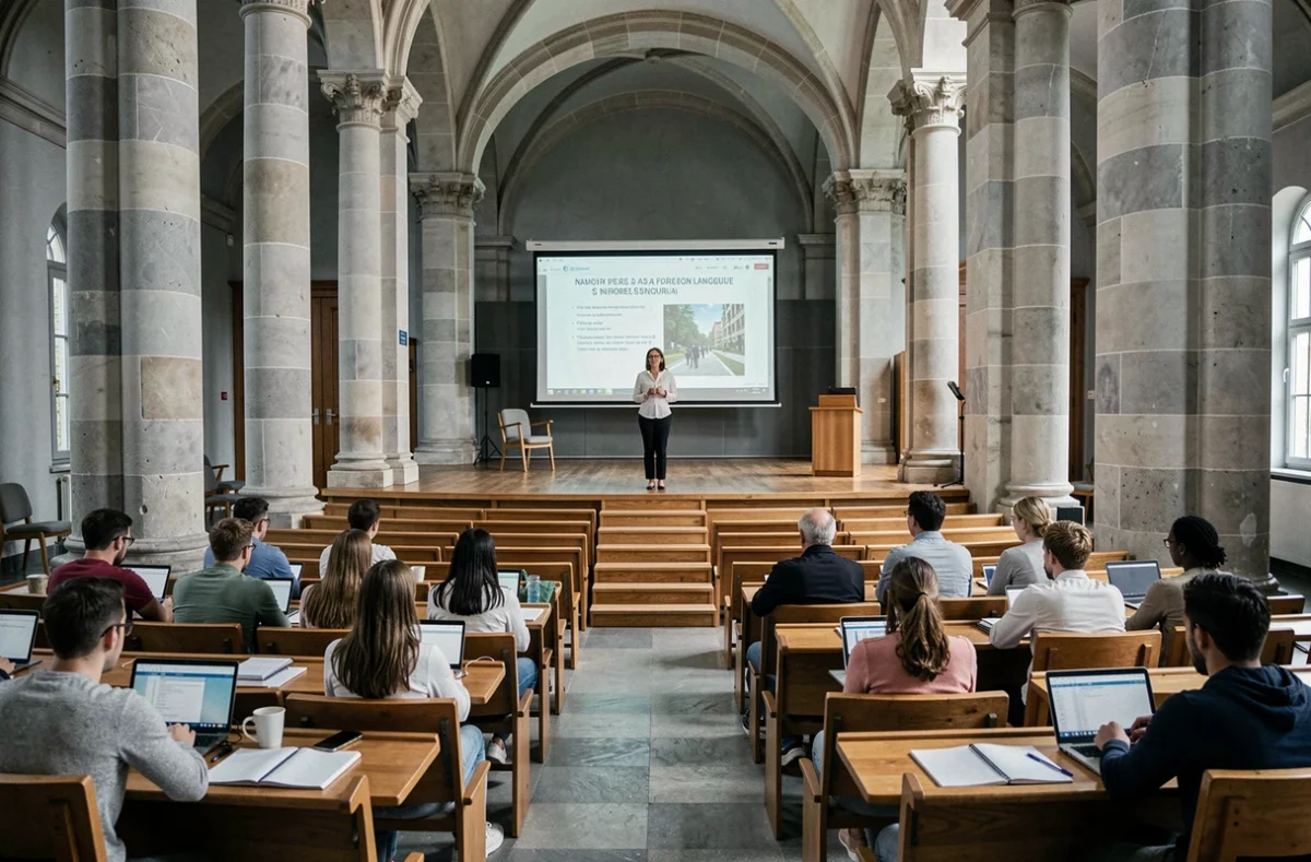 Professeure de FLE de l'Université de Lorraine DEFLE devant un amphithéâtre avec des étudiants internationaux adultes à Nancy