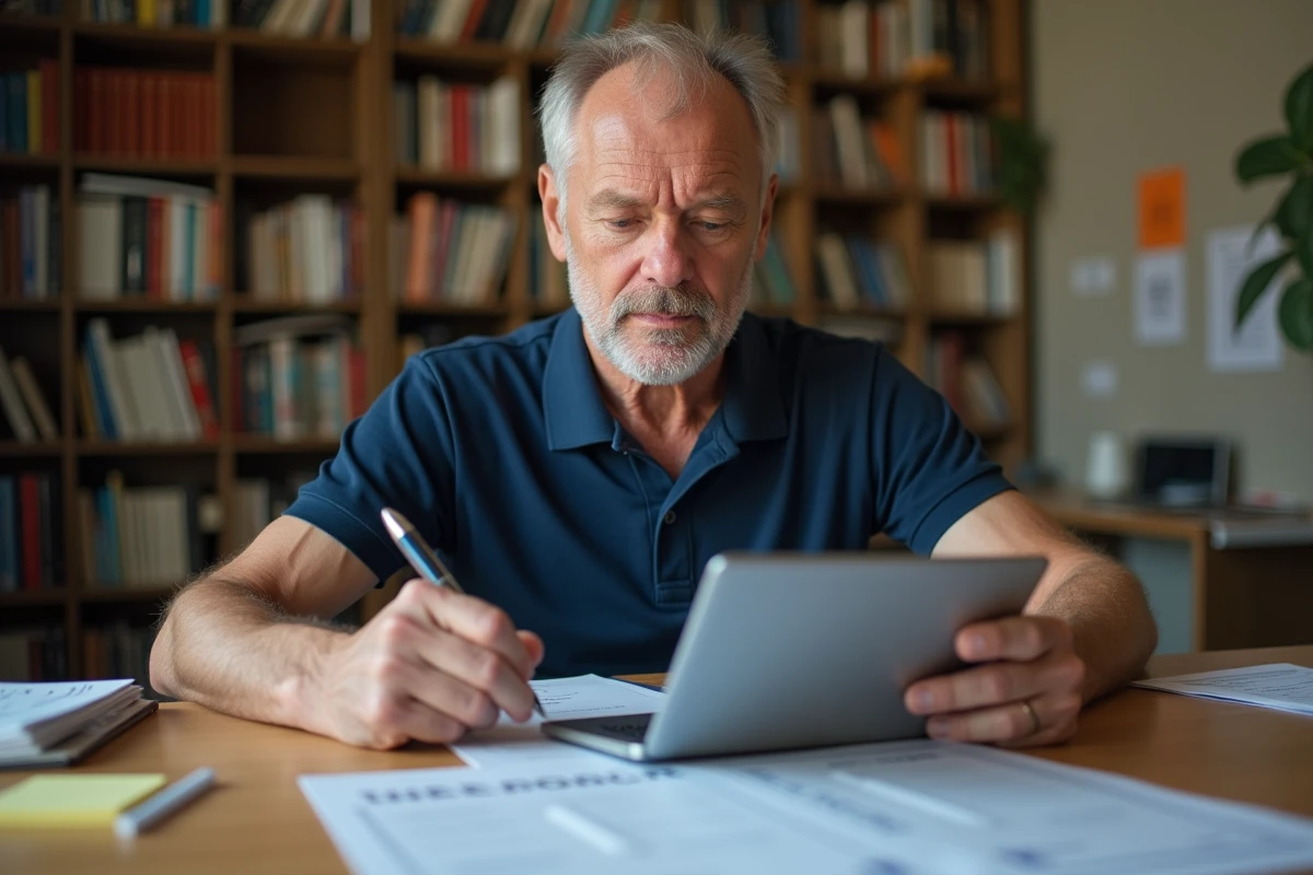 Homme vérifiant les documents et avis d'une formation en ligne de bricolage avant inscription