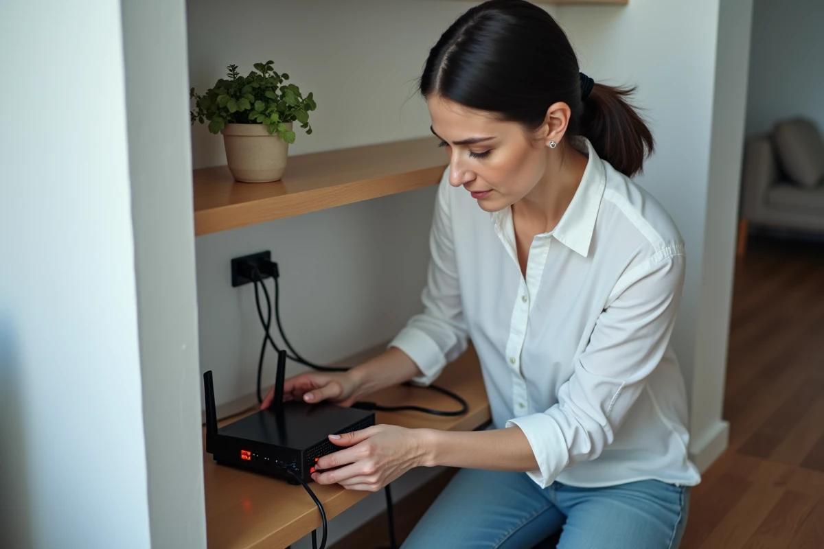 Femme vérifiant les câbles et le routeur pour diagnostiquer un problème de connexion ENC92